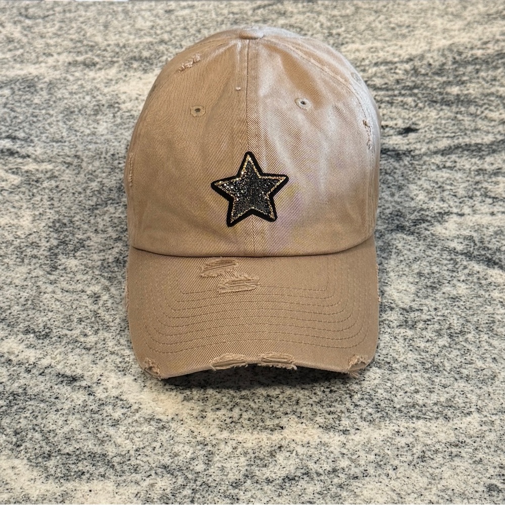 New Custom Designed Tan Distressed Baseball Cap with Gold & Black Star